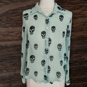 About A Girl Skull Print Mint and Black Blouse With Gothic Core Size XS